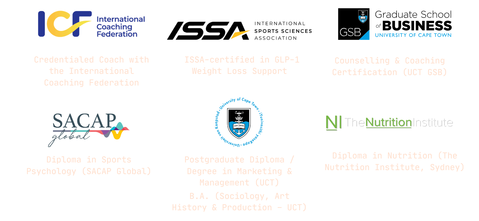 Professional coaching and nutrition qualifications held by Sally B, including GLP-1 weight loss support, nutrition, psychology, and accredited coaching certifications
